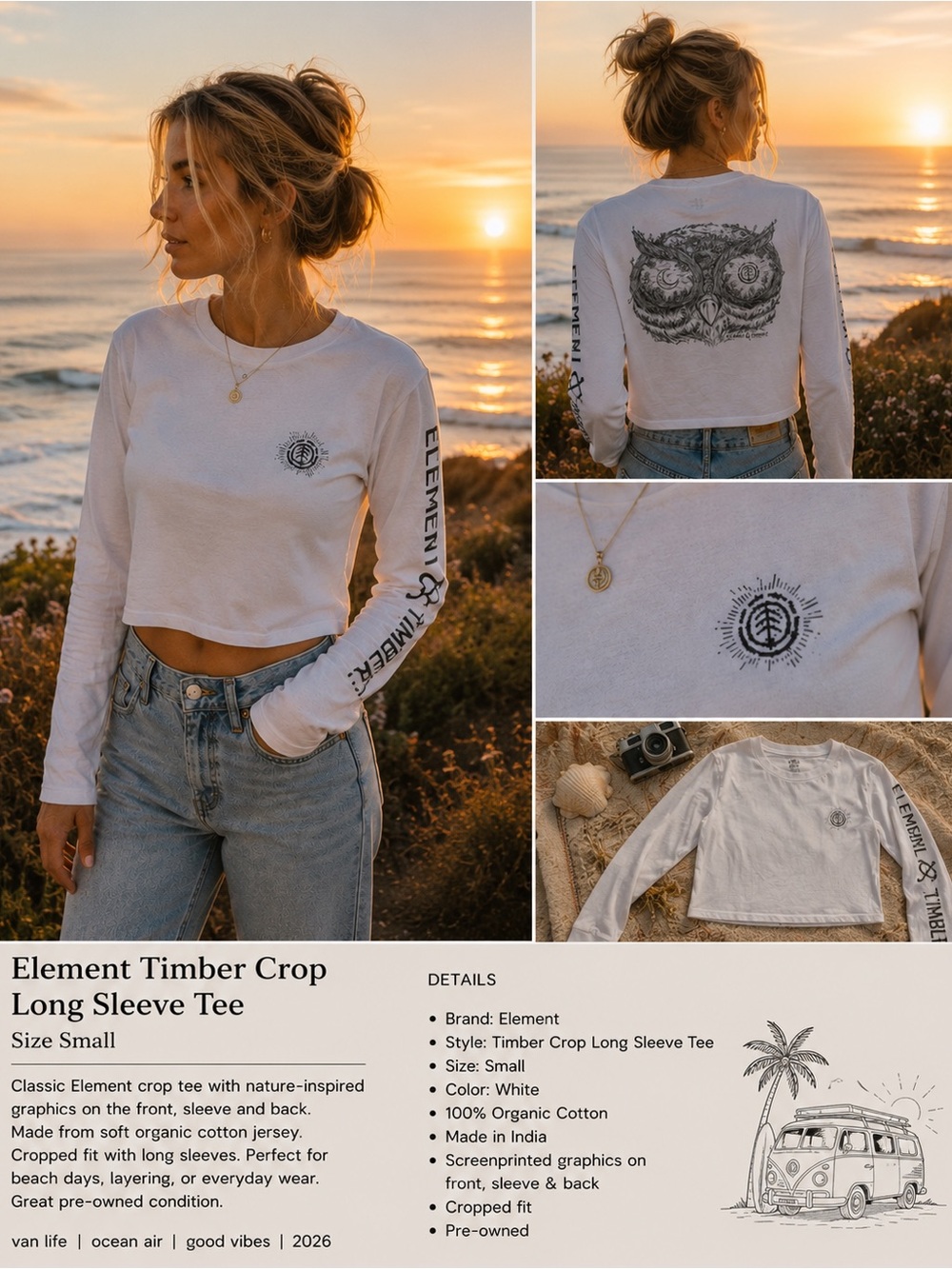🌿 Element & Timber! | Owl | White | Crop Long Sleeve | S | 100% Organic Cotton
